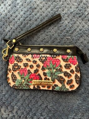 Betsey Johnson Black Leopard Floral Sequin Wristlet with Pink & Green Accents